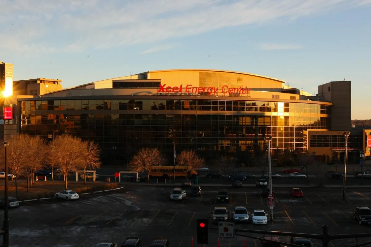 A general view of the exterior of the Xcel Energy Center prior to the game between the Minnesota Wild and San Jose Sharks.
