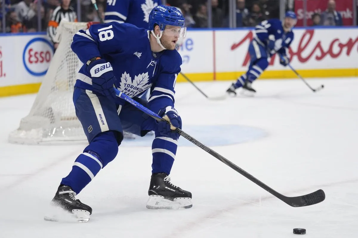 Toronto Maple Leafs forward Steven Lorentz (18) carries the puck against the Philadelphia Flyers during the second period at Scotiabank Arena.