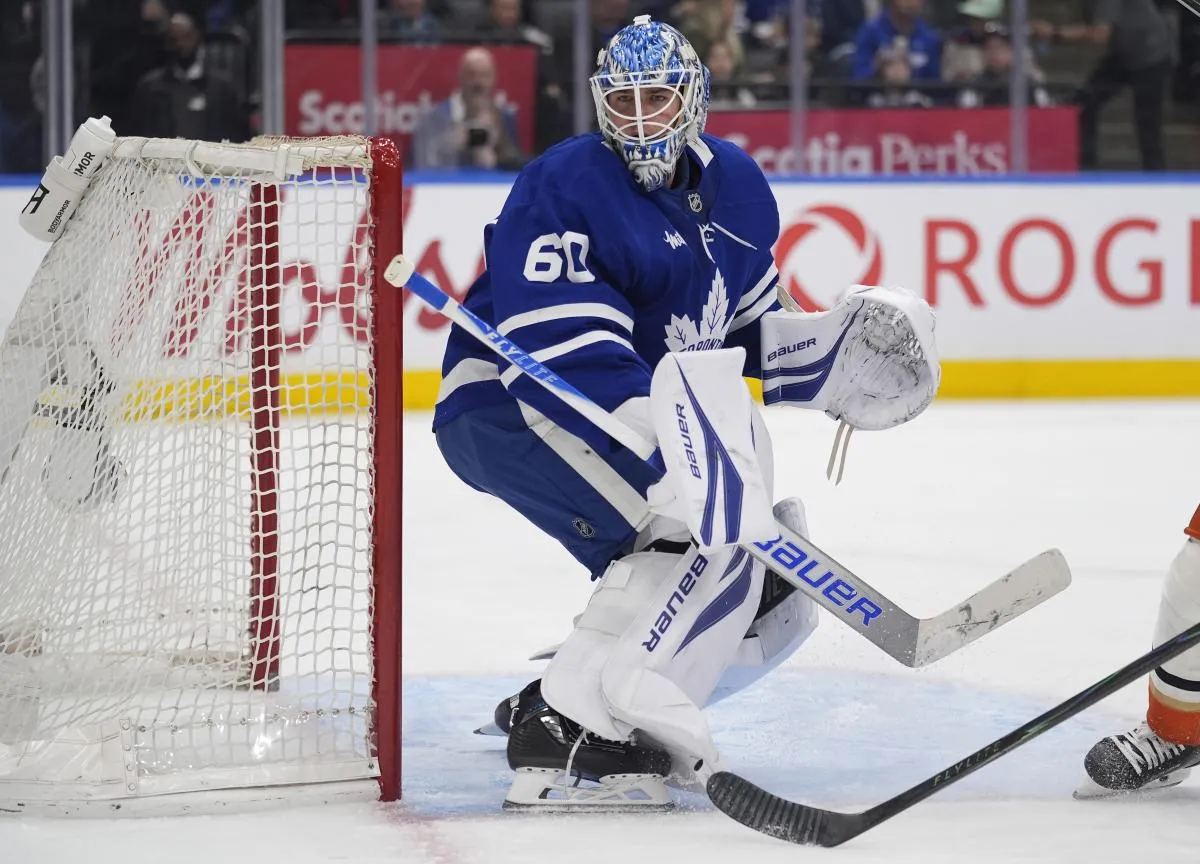 Toronto Maple Leafs goaltender Joseph Woll (60) defends the goal against the Anaheim Ducks during the second period at Scotiabank Arena.