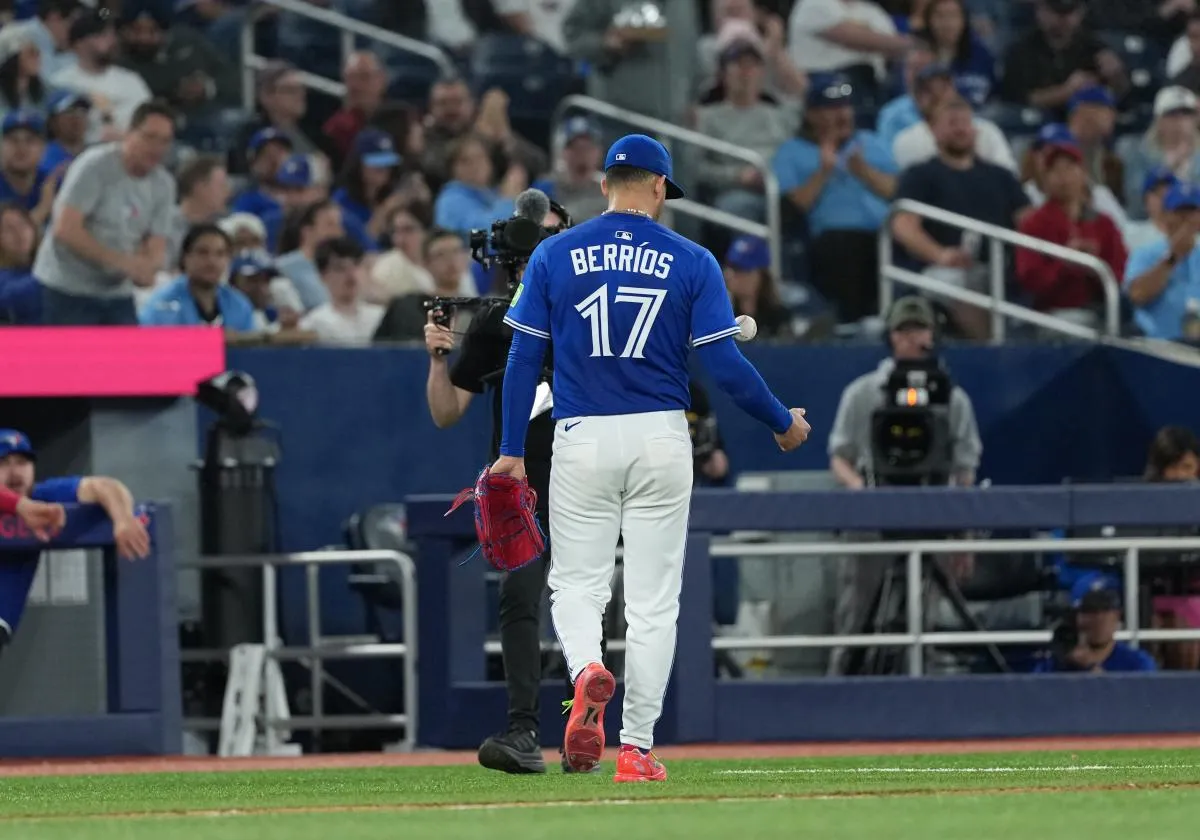 Toronto Blue Jays starting pitcher Jose Berrios (17) walks toward the dugout after being relieved against the Tampa Bay Rays during the sixth inning at Rogers Centre.