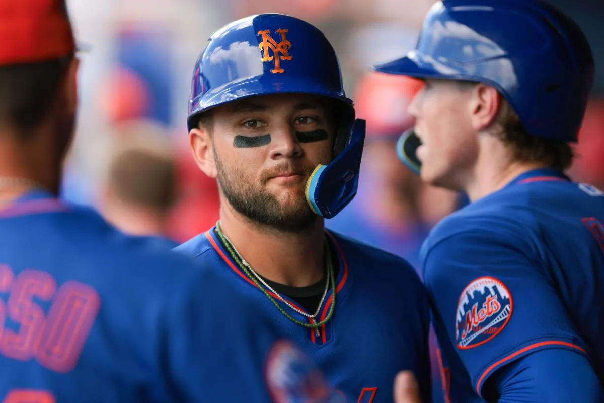 New York Mets third baseman Bo Bichette (19) celebrates after scoring against the Washington Nationals during the first inning at CACTI Park of the Palm Beaches.