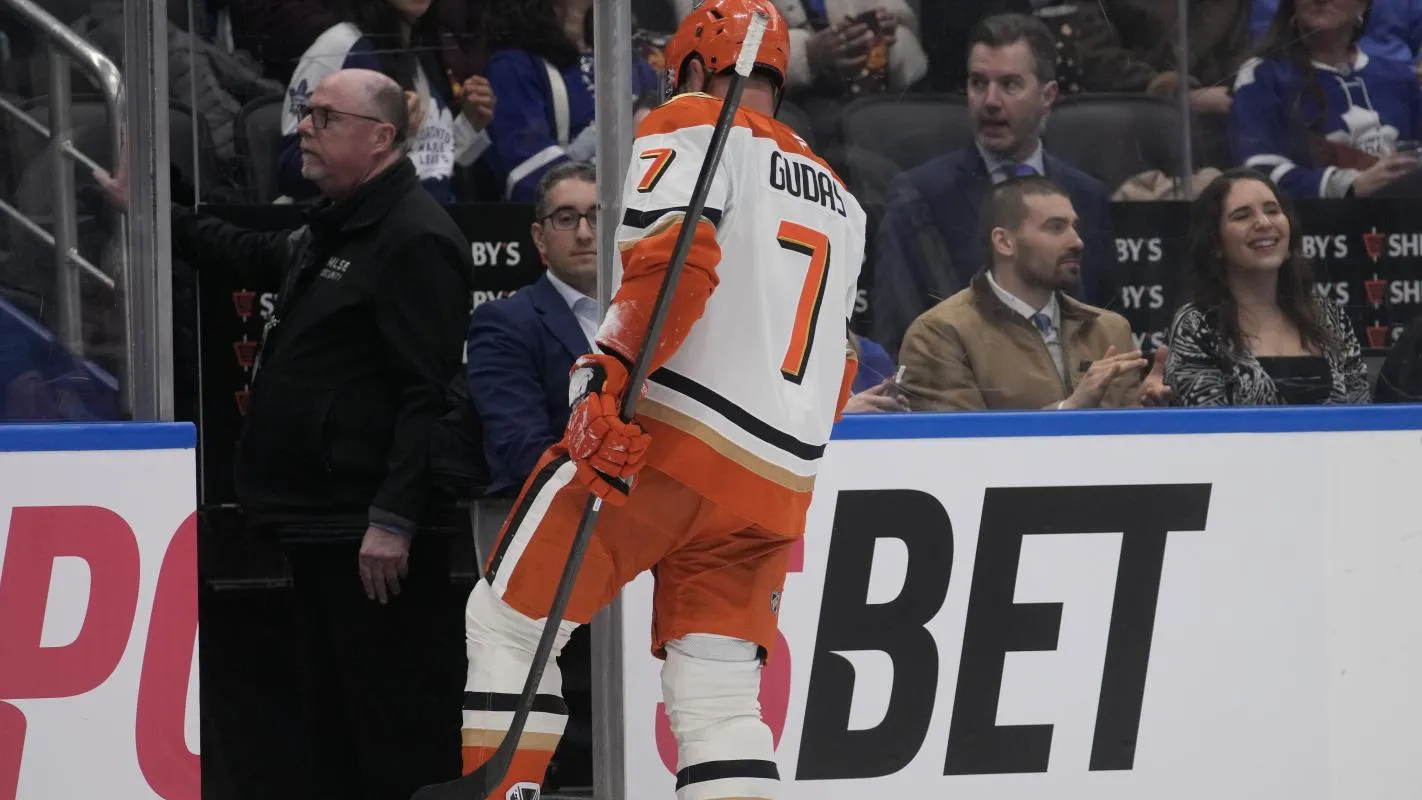 Anaheim Ducks defenseman Radko Gudas (7) leaves the ice after being ejected from the game for a hit on Toronto Maple Leafs forward Auston Matthews (not pictured) during the second period at Scotiabank Arena.