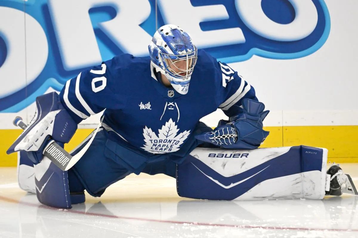Toronto Maple Leafs goalie Artur Akhtyamov (70) warms up before playing the Los Angeles Kings at Scotiabank Arena