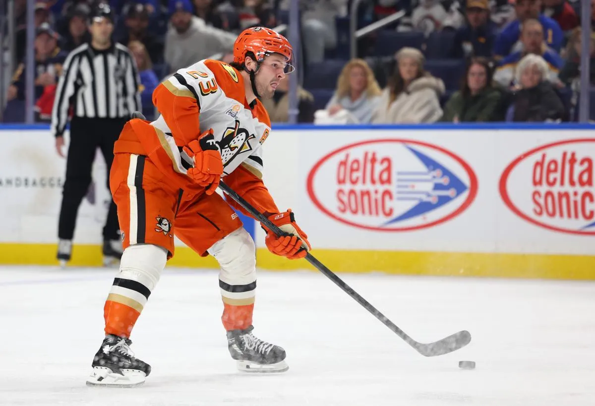 Anaheim Ducks center Mason McTavish (23) looks to make a pass during the third period against the Buffalo Sabres at KeyBank Center.