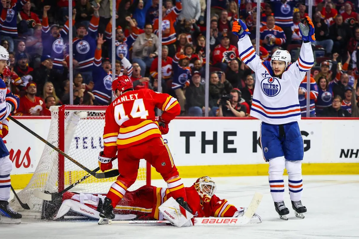 Edmonton Oilers right wing Kasperi Kapanen (42) scores a goal against Calgary Flames goaltender Devin Cooley (1) during the third period at Scotiabank Saddledome.