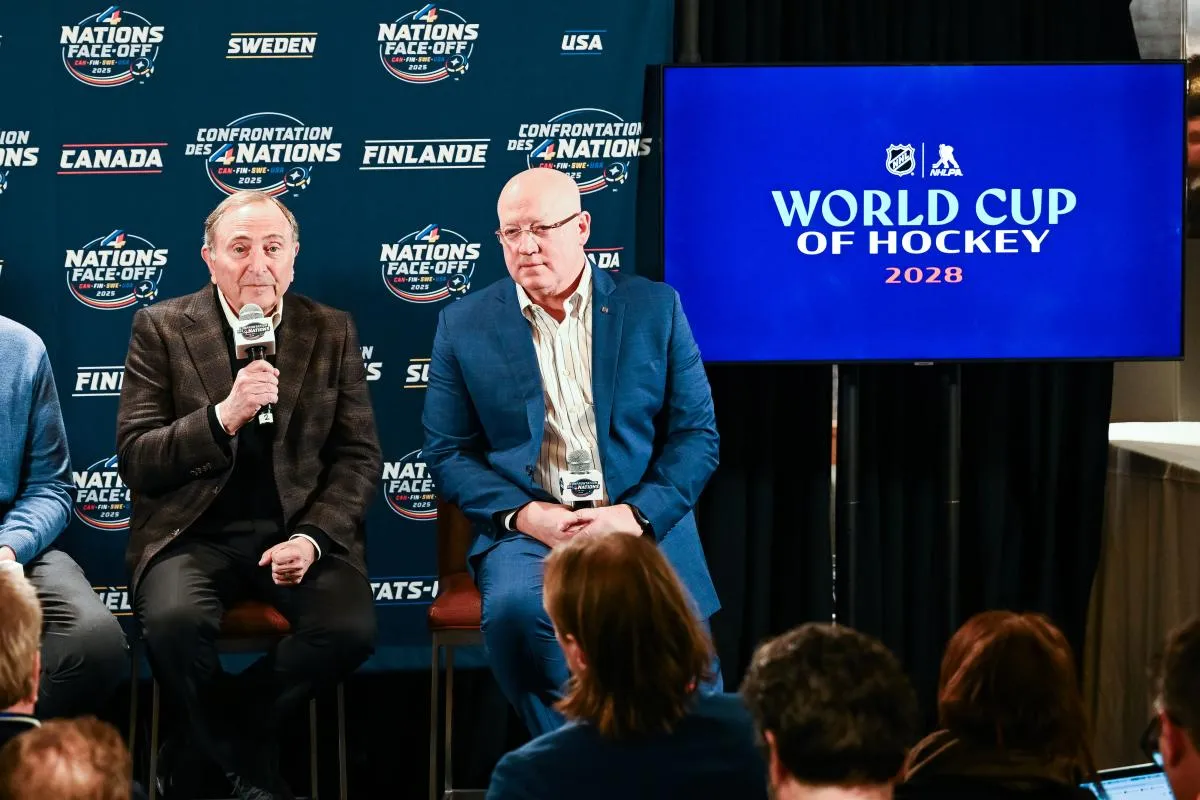 [Imagn Images direct customers only] NHL commissioner Gary Bettman announced the return of the World Cup in 2028 before a 4 Nations Face-Off ice hockey game at Bell Centre.