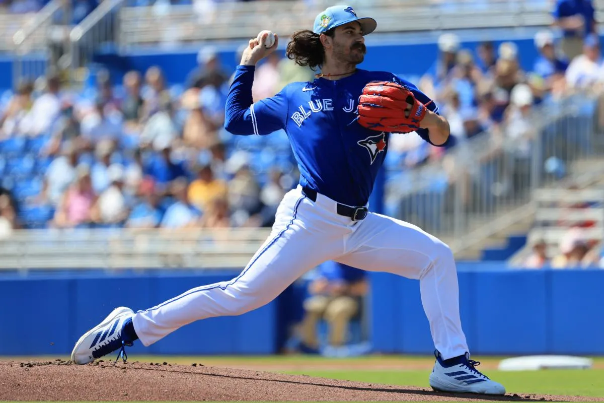 Toronto Blue Jays starting pitcher Dylan Cease (84) throws during the first inning against the Atlanta Braves at TD Ballpark.