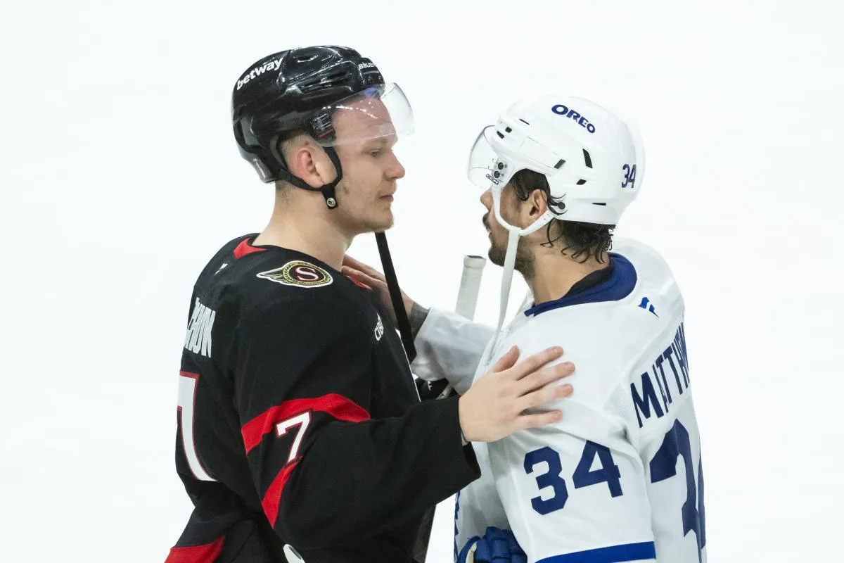 Ottawa Senators left wing Brady Tkachuk (7) shares a moment with Toronto Maple Leafs center Auston Matthews (34) following the Toronto Maple Leafs win in game six of the first round of the 2025 Stanley Cup Playoffs at Canadian Tire Centre.