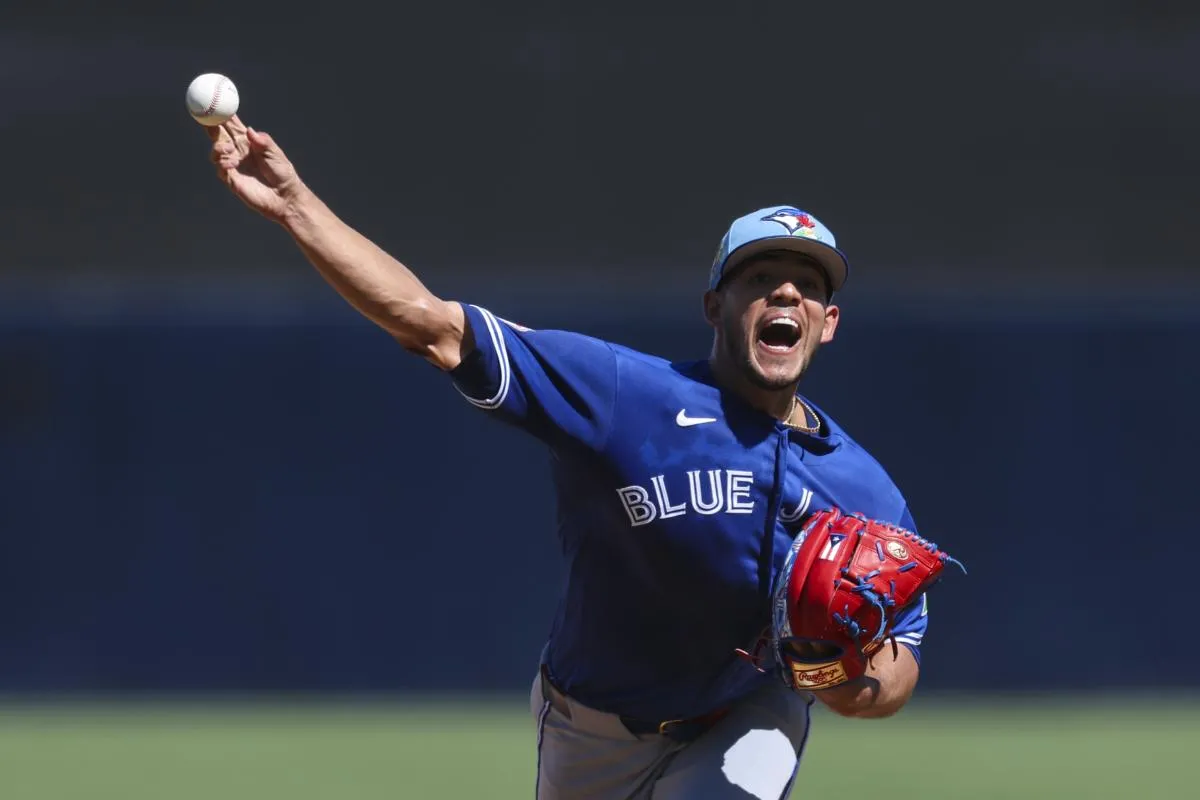 Toronto Blue Jays starting pitcher Jose Berrios (17) throws a pitch against the New York Yankees in the second inning during spring training at George M. Steinbrenner Field.