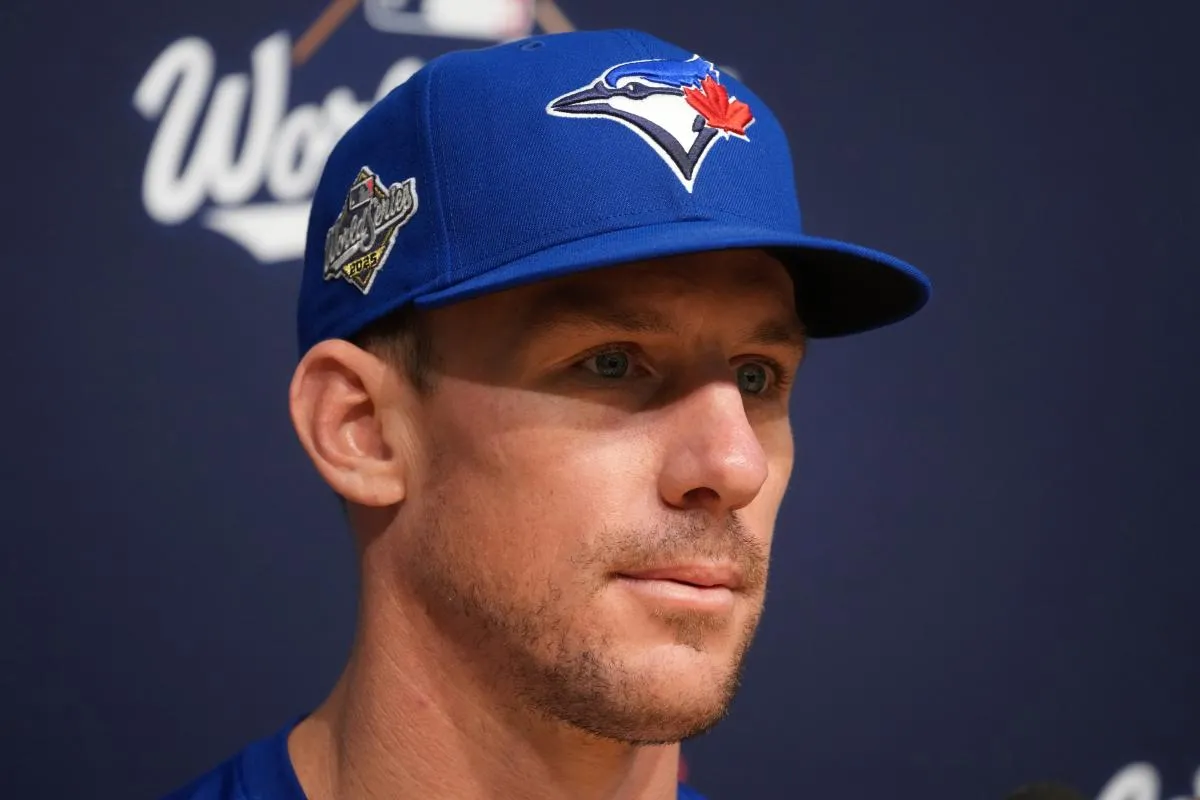 Toronto Blue Jays starting pitcher Chris Bassitt (40) at press conference during game five of the 2025 MLB World Series at Dodger Stadium.