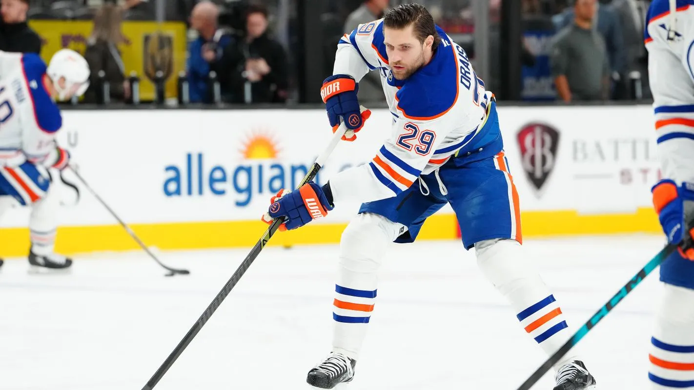 Edmonton Oilers center Leon Draisaitl (29) warms up before a game against the Vegas Golden Knights at T-Mobile Arena.