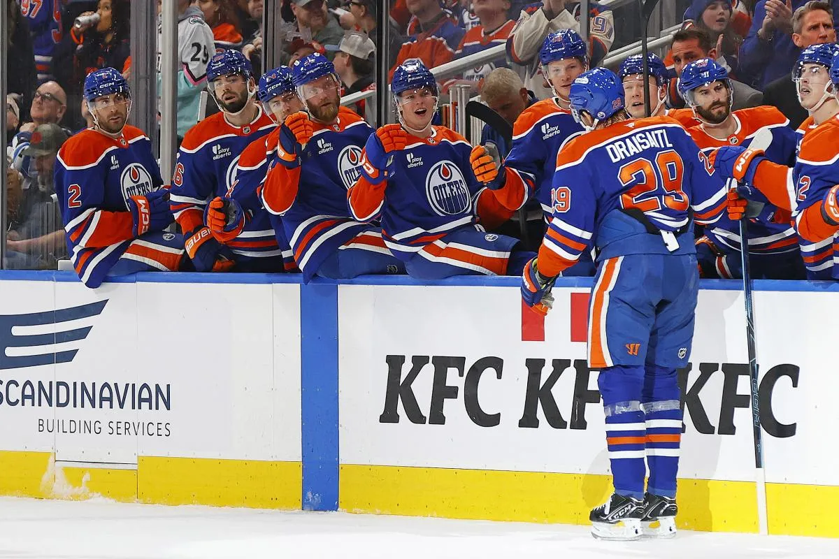 The Edmonton Oilers celebrate a goal scored by forward Leon Draisaitl (29) during the first period against the Ottawa Senators at Rogers Place.