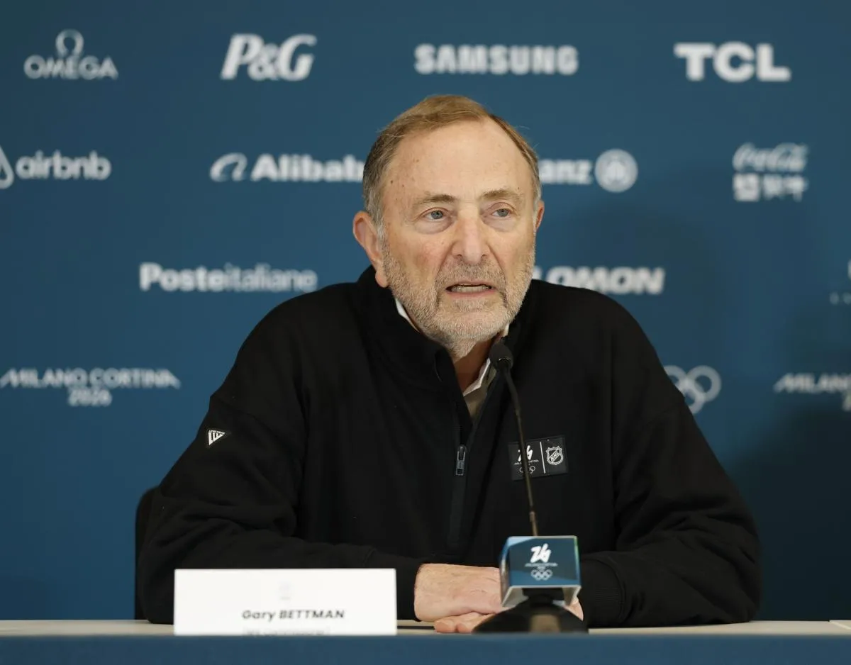 NHL commissioner Gary Bettman at a men's ice hockey press conference during the Milano Cortina 2026 Olympic Winter Games at Milano Santagiulia Ice Hockey Arena.
