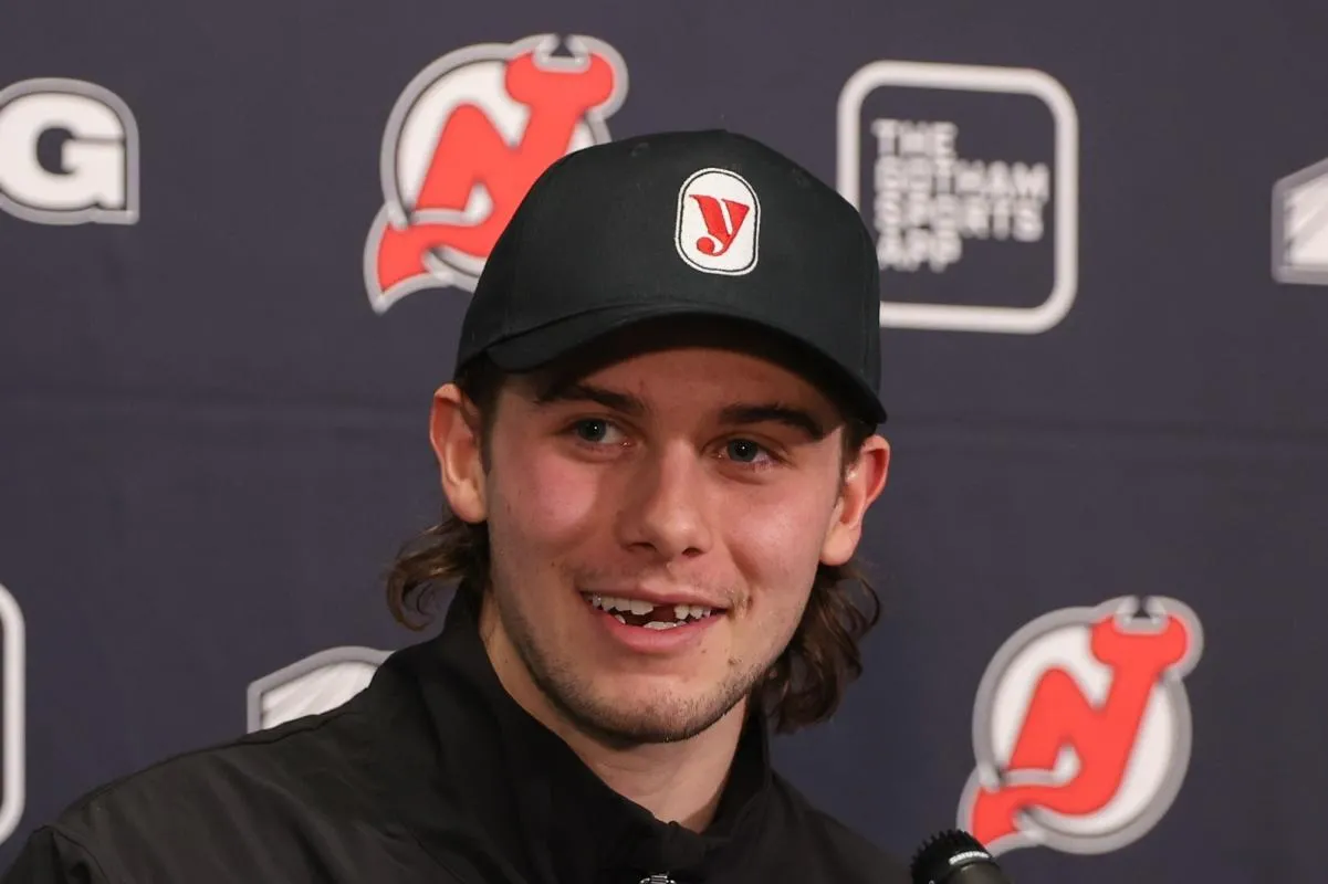New Jersey Devils center Jack Hughes (86) speaks to media after the game against the Buffalo Sabres at Prudential Center.