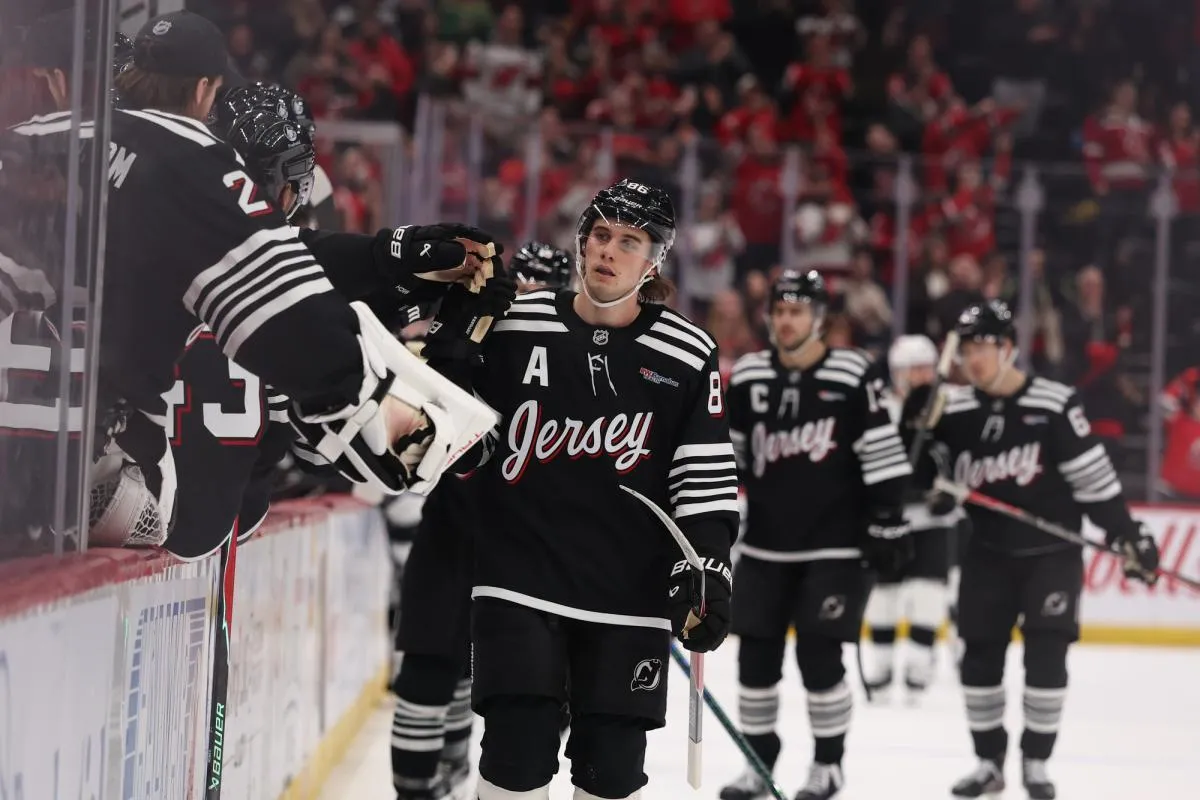 New Jersey Devils center Jack Hughes (86) celebrates his goal against the Los Angeles Kings during the third period at Prudential Center.