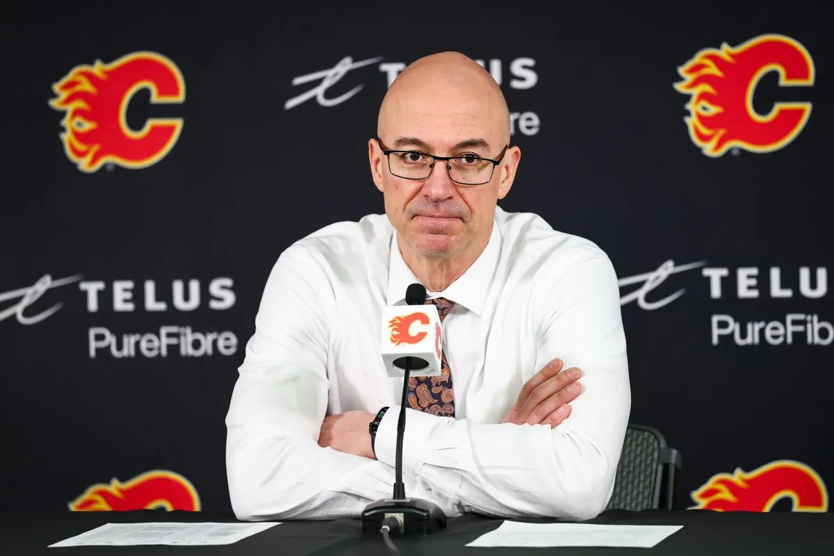 Calgary Flames head coach Ryan Huska during interview after the game between the Calgary Flames and the Pittsburgh Penguins at Scotiabank Saddledome.