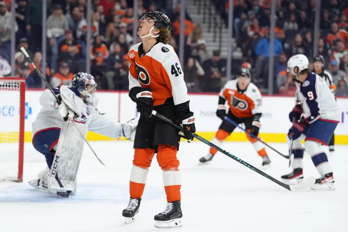 Philadelphia Flyers center Trevor Zegras (46) reacts against the Columbus Blue Jackets in the second period at Xfinity Mobile Arena.