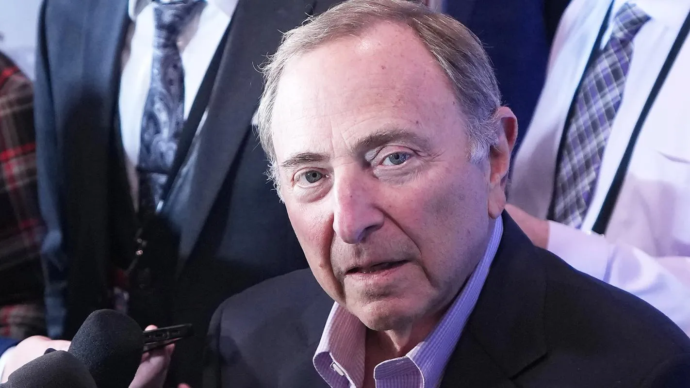 The Commissioner of the NHL Gary Bettman speaks to the media before a game between the Montreal Canadiens and the Toronto Maple Leafs at Scotiabank Arena.