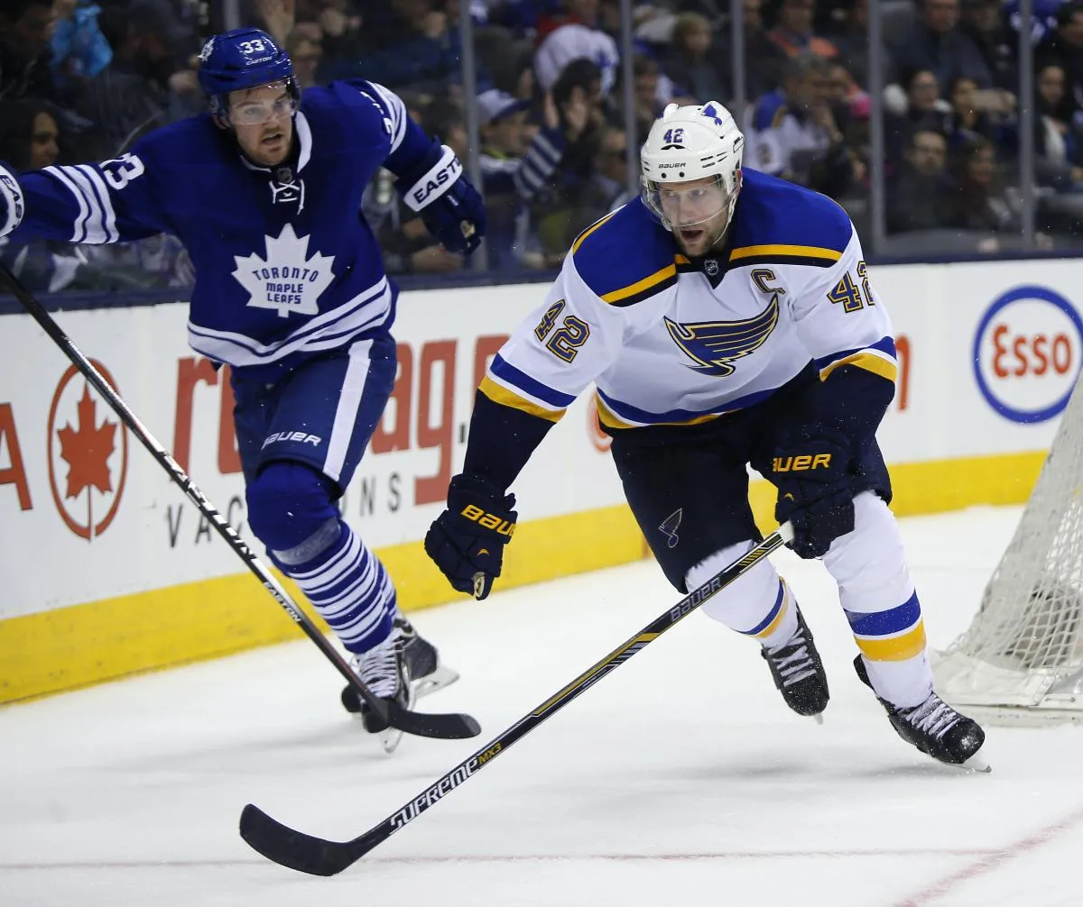 St. Louis Blues forward David Backes (42) skates by Toronto Maple Leafs defenseman Tim Erixon (33) at the Air Canada Centre. St. Louis defeated Toronto 6-1.