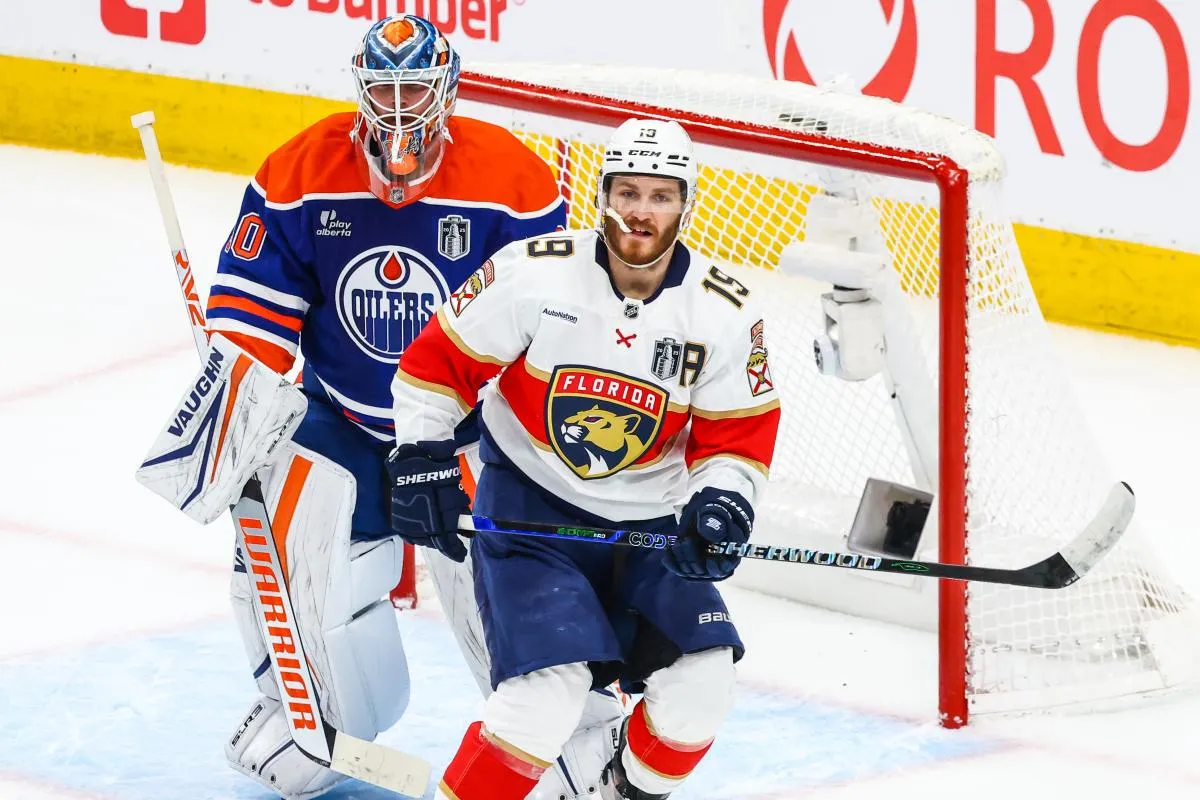 Florida Panthers left wing Matthew Tkachuk (19) screens in front of Edmonton Oilers goaltender Calvin Pickard (30) during the first period in game five of the 2025 Stanley Cup Final at Rogers Place.