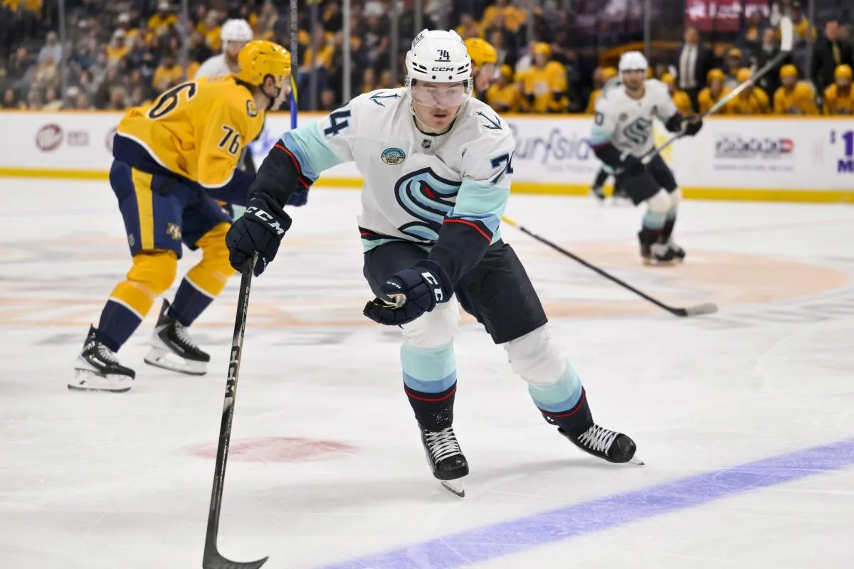 Seattle Kraken center Bobby McMann (74) skates with the puck against the Nashville Predators during the second period at Bridgestone Arena.