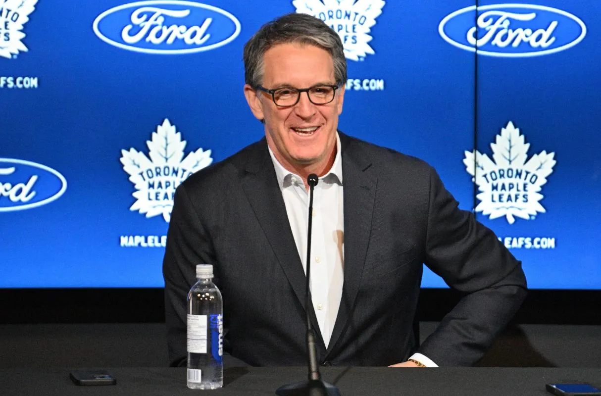 Toronto Maple Leafs president Brendan Shanahan speaks during a media conference to introduce new head coach Craig Berube (not shown) at Ford Performance Centre.