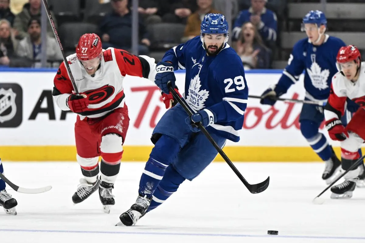 Toronto Maple Leafs forward Bo Groulx (29) skates with the puck against the Carolina Hurricanes in the first period at Scotiabank Arena.