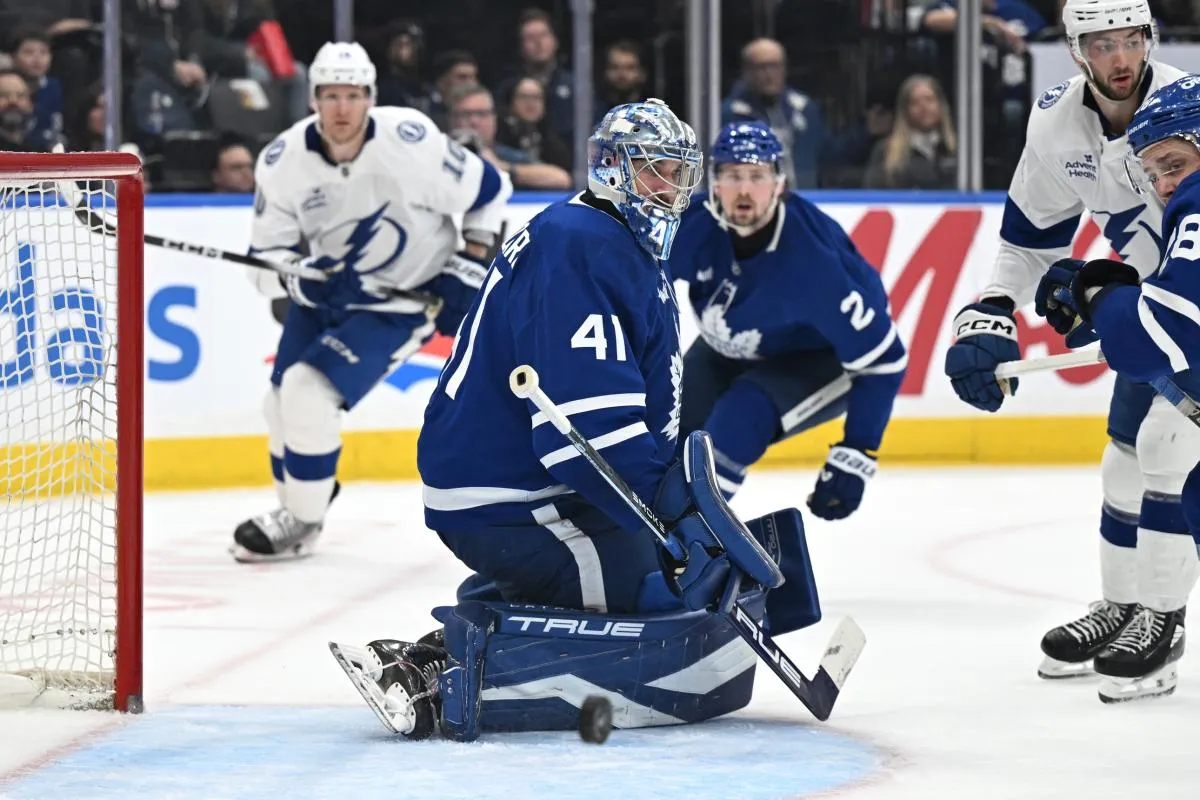 Toronto Maple Leafs goalie Anthony Stolarz (41) makes a save against the Tampa Bay Lightning in the secod period at Scotiabank Arena.
