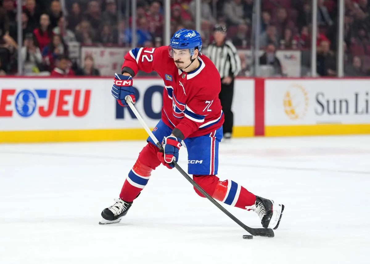Montreal Canadiens defenseman Arber Xhekaj (72) takes a shot during the second period of the game against the Tampa Bay Lightning at the Bell Centre.
