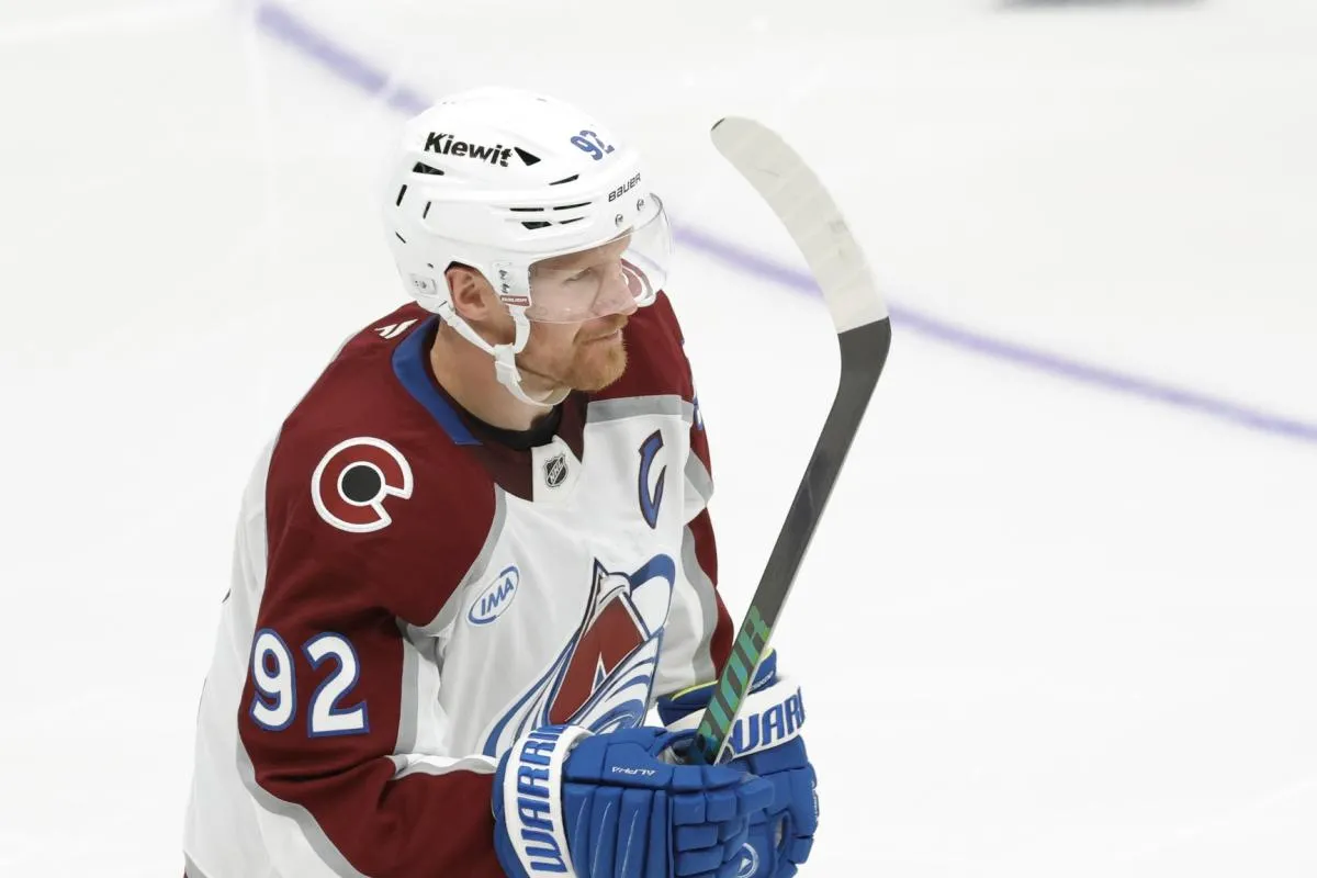 Colorado Avalanche left wing Gabriel Landeskog (92) looks on after scoring a goal against the Washington Capitals during the third period at Capital One Arena.