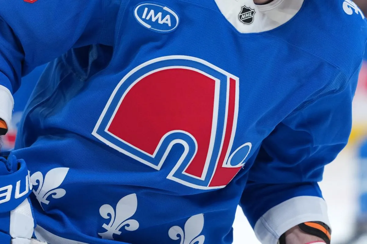 Quebec Nordiques logo on Colorado Avalanche forward Valeri Nichushkin (13) during the warmup before the game against the Montreal Canadiens at the Bell Centre.