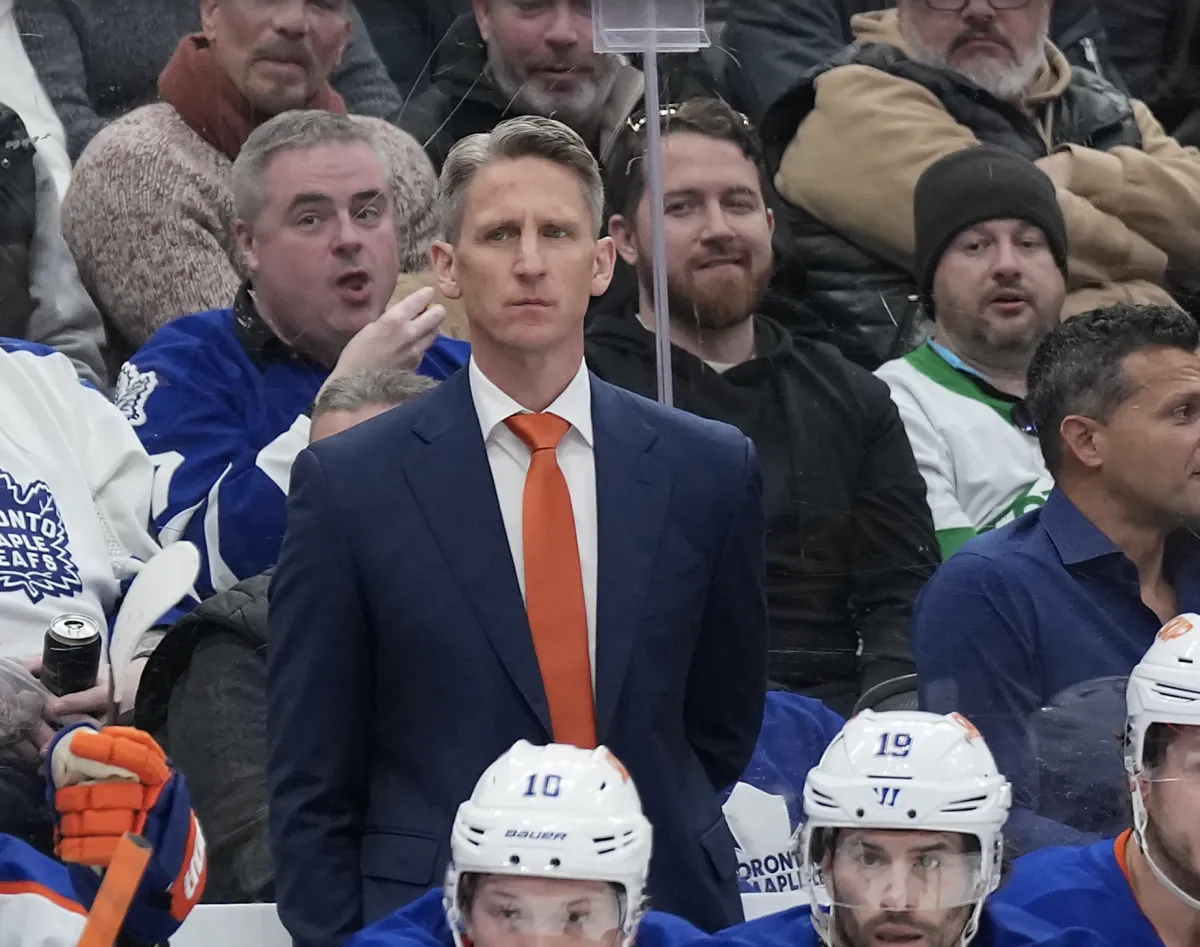 Edmonton Oilers head coach Kris Knoblauch watches the play against the Toronto Maple Leafs during the third period at Scotiabank Arena.