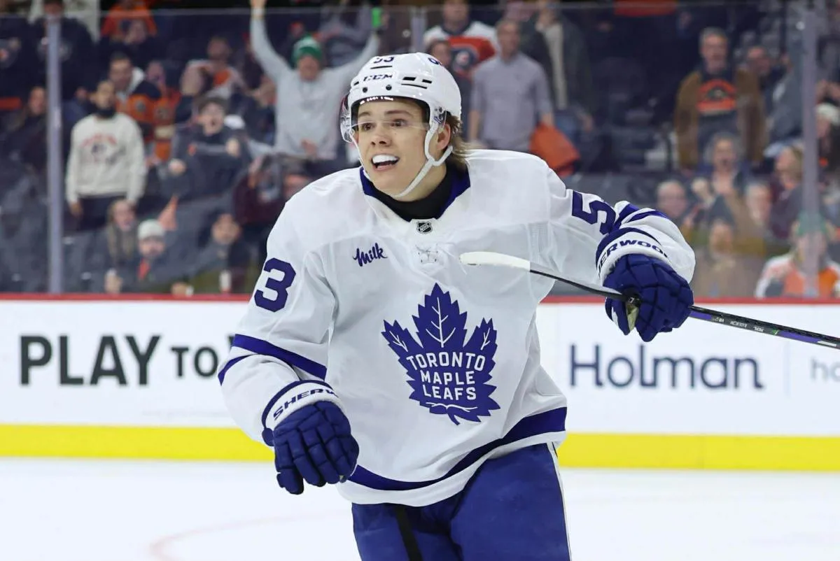 Toronto Maple Leafs right wing Easton Cowan (53) reacts after scoring the game winning goal against the Philadelphia Flyers during overtime at Xfinity Mobile Arena.