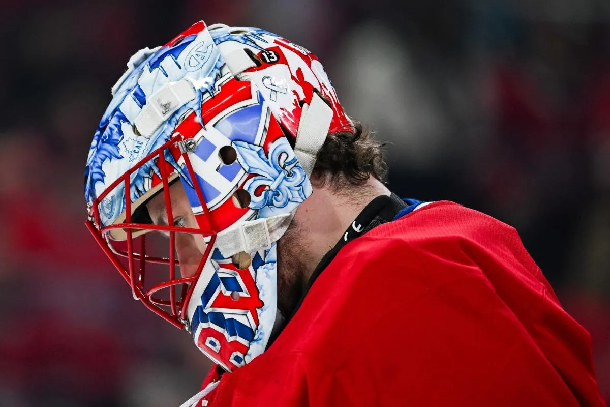 Montreal Canadiens goalie Jakub Dobes (75 looks on during warm-up before the game against the San Jose Sharks at Bell Centre.