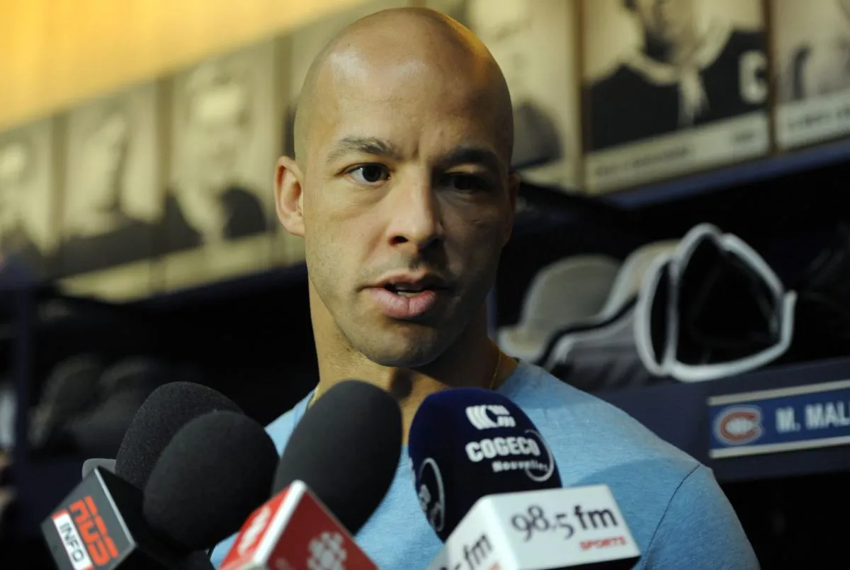 Montreal Canadiens forward Manny Malhotra (20) faces the media during a press conference at the Bell Sports Complex.