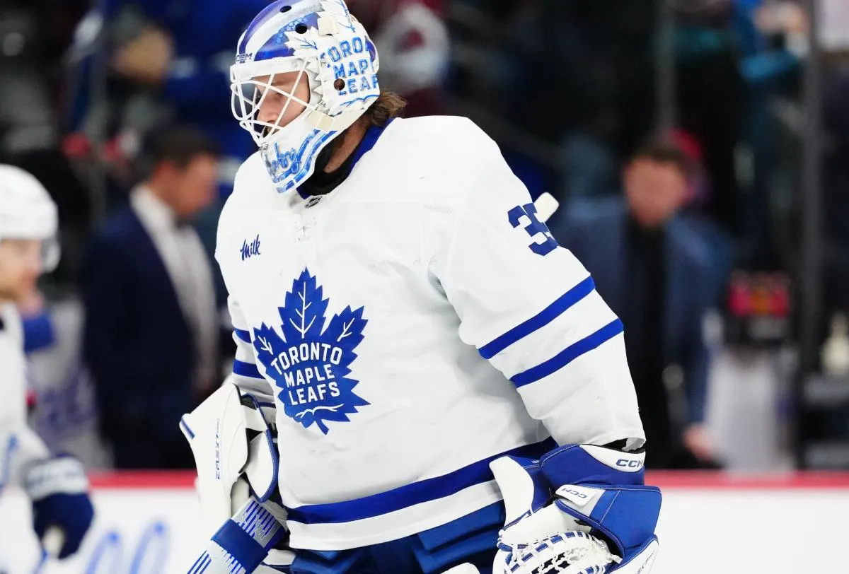 Toronto Maple Leafs goaltender Dennis Hildeby (35) before the game against the Colorado Avalanche at Ball Arena.