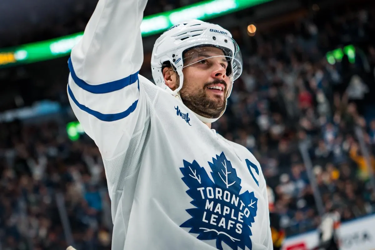 Toronto Maple Leafs forward Auston Matthews (34) celebrates his game winning shootout goal against the Vancouver Canucks at Rogers Arena.