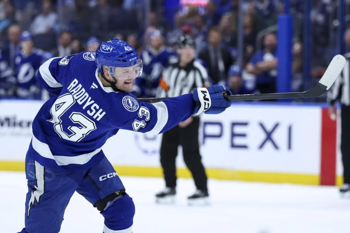 Tampa Bay Lightning defenseman Darren Raddysh (43) shoots the puck against the Minnesota Wild in the first period at Benchmark International Arena.