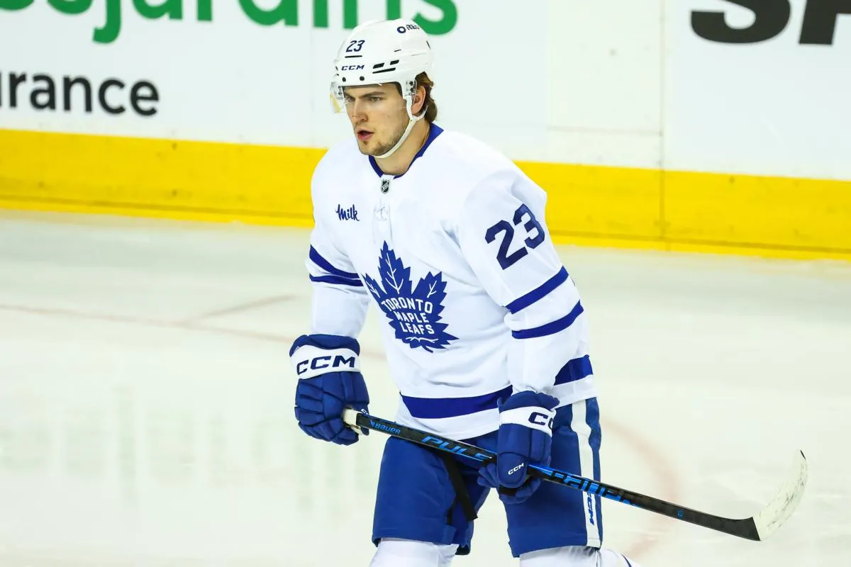 Toronto Maple Leafs left wing Matthew Knies (23) skates during the warmup period against the Calgary Flames at Scotiabank Saddledome