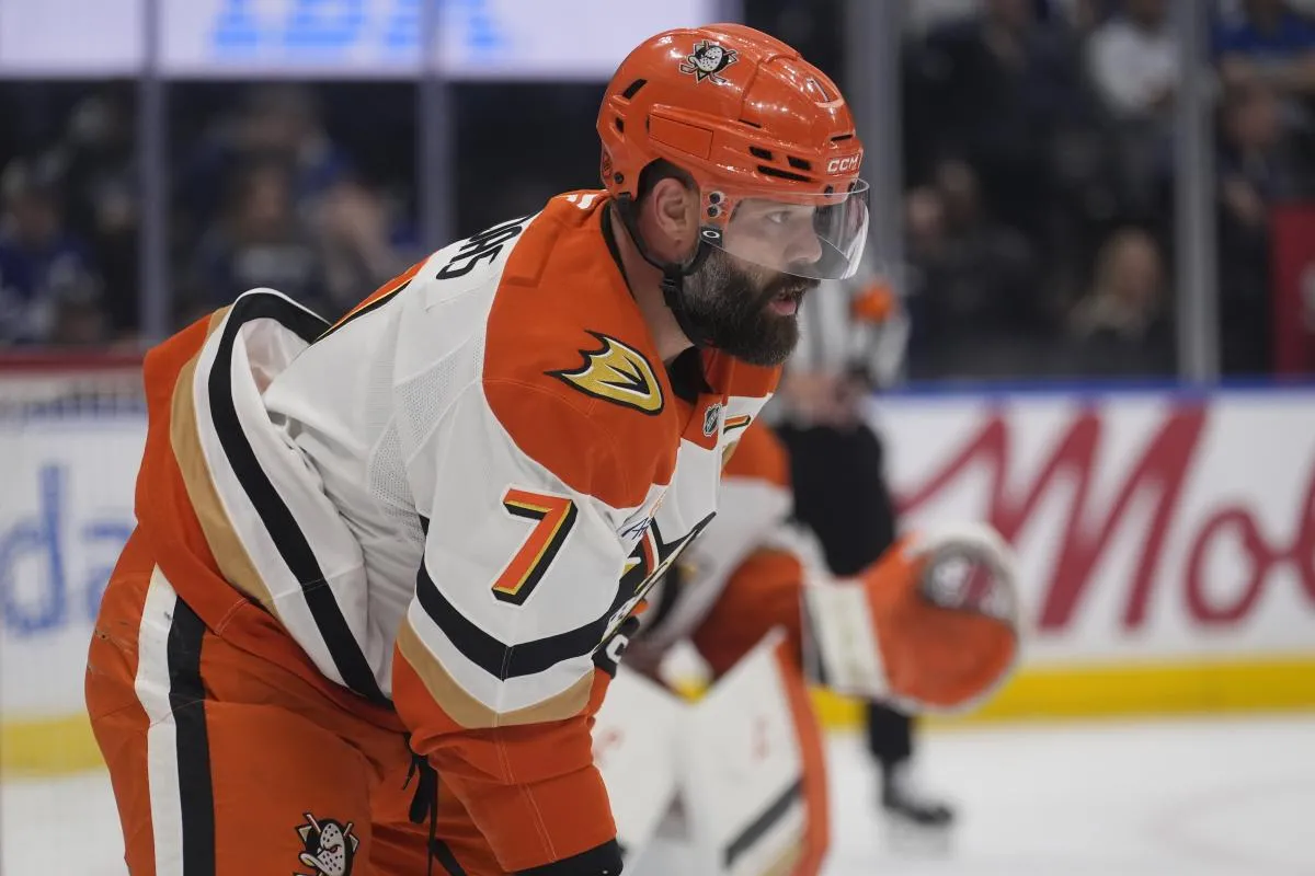 Anaheim Ducks defenseman Radko Gudas (7) gets set for a face off against the Toronto Maple Leafs during the first period at Scotiabank Arena
