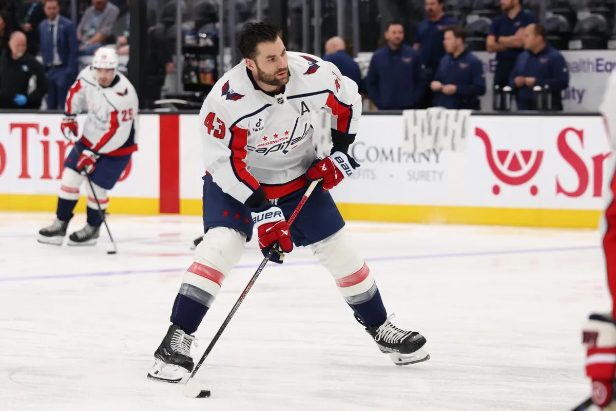 Washington Capitals right wing Tom Wilson (43) warms up before a game against the Utah Mammoth at Delta Center.