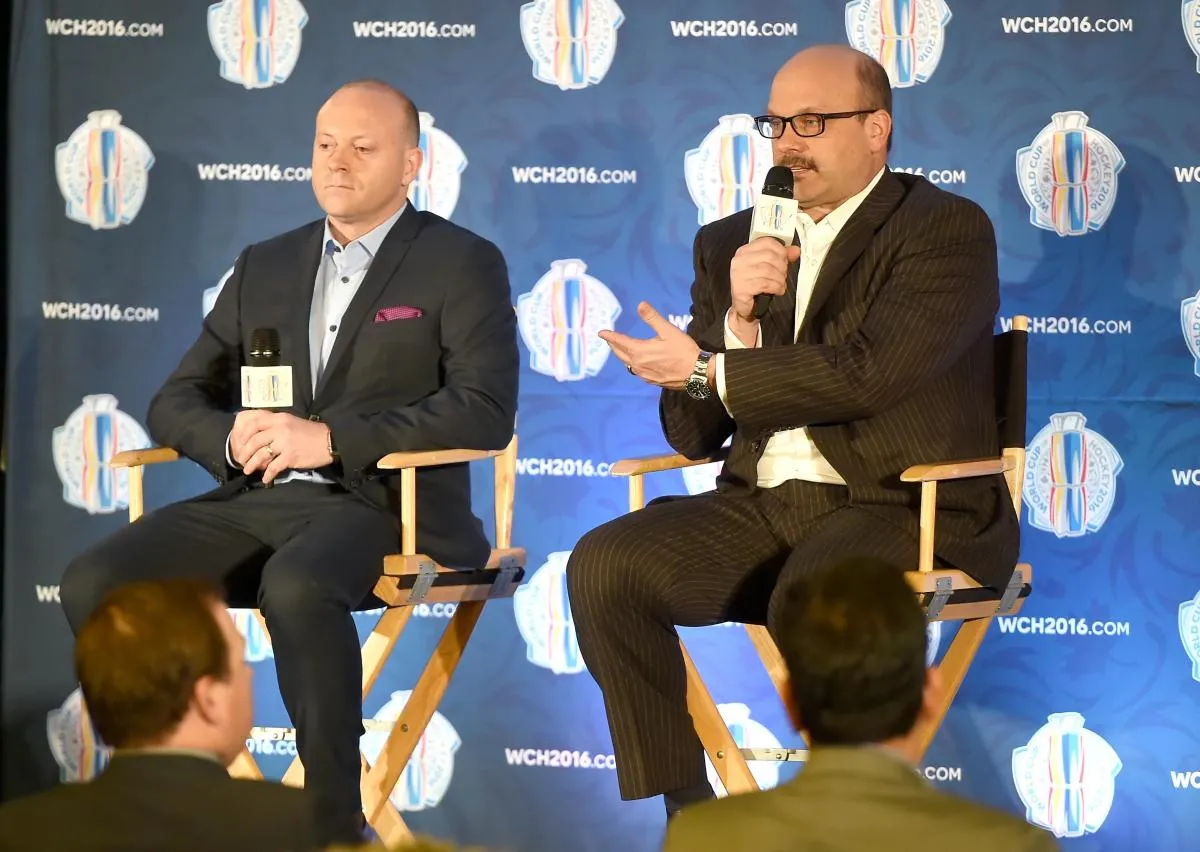Team North America general manager Peter Chiarelli (right) gestures as he speaks to media while associate general manager Stan Bowman listens during a press conference for the upcoming 2016 World Cup of Hockey at Intercontinental Hotel.