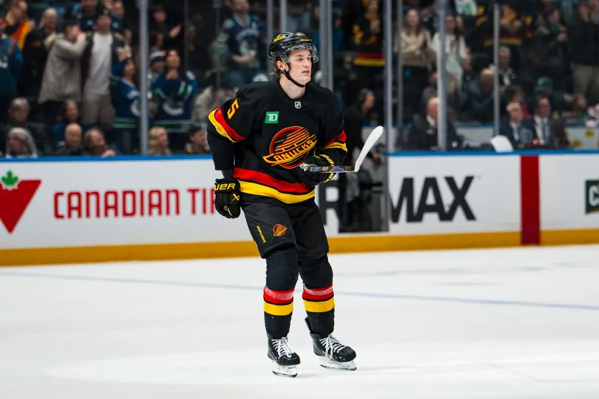 Vancouver Canucks defenseman Tom Willander (5) celebrates his goal against the Toronto Maple Leafs in the second period at Rogers Arena.