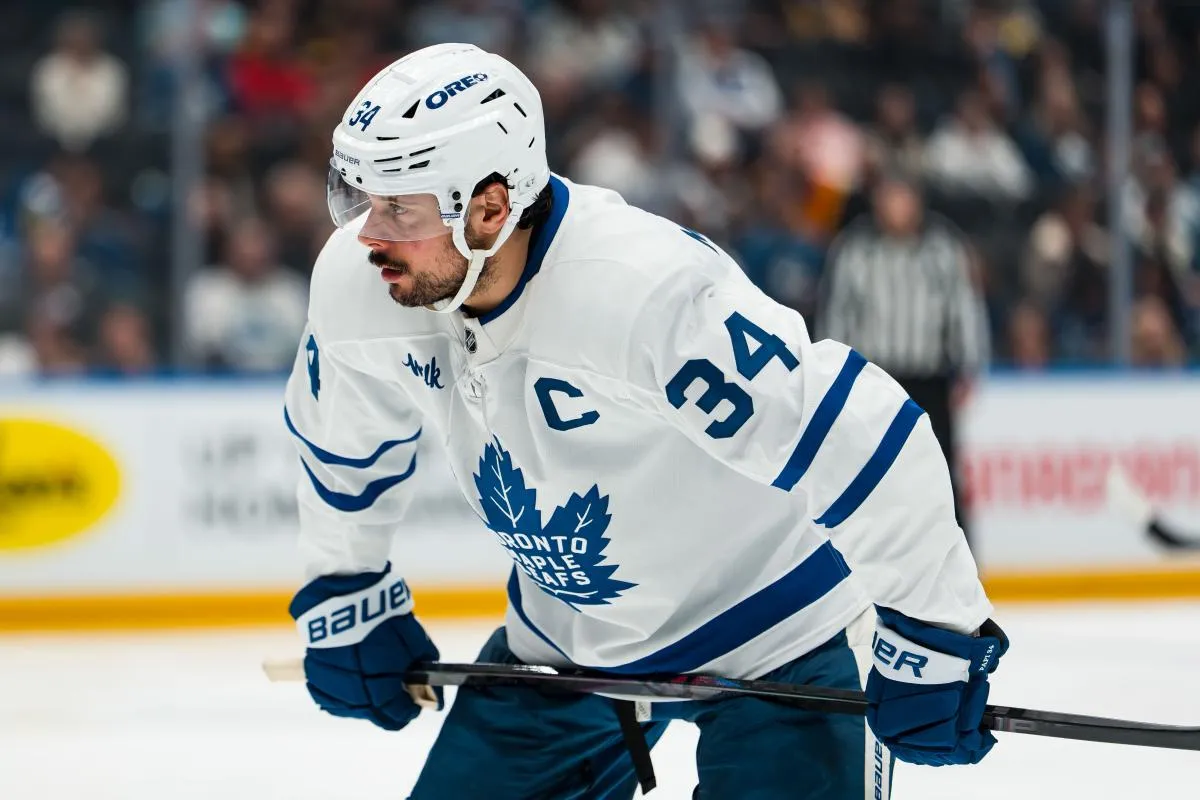 Toronto Maple Leafs forward Auston Matthews (34) during a stop in play against the Vancouver Canucks in the third period at Rogers Arena.