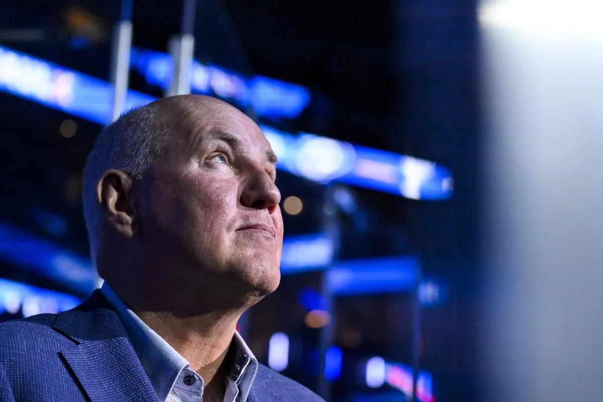 St. Louis Blues general manager Doug Armstrong looks on before a game against the Utah Mammoth at Enterprise Center.