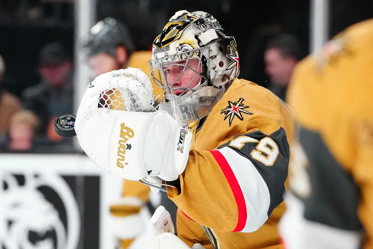 Vegas Golden Knights goaltender Carter Hart (79) warms up before a game against the Columbus Blue Jackets at T-Mobile Arena