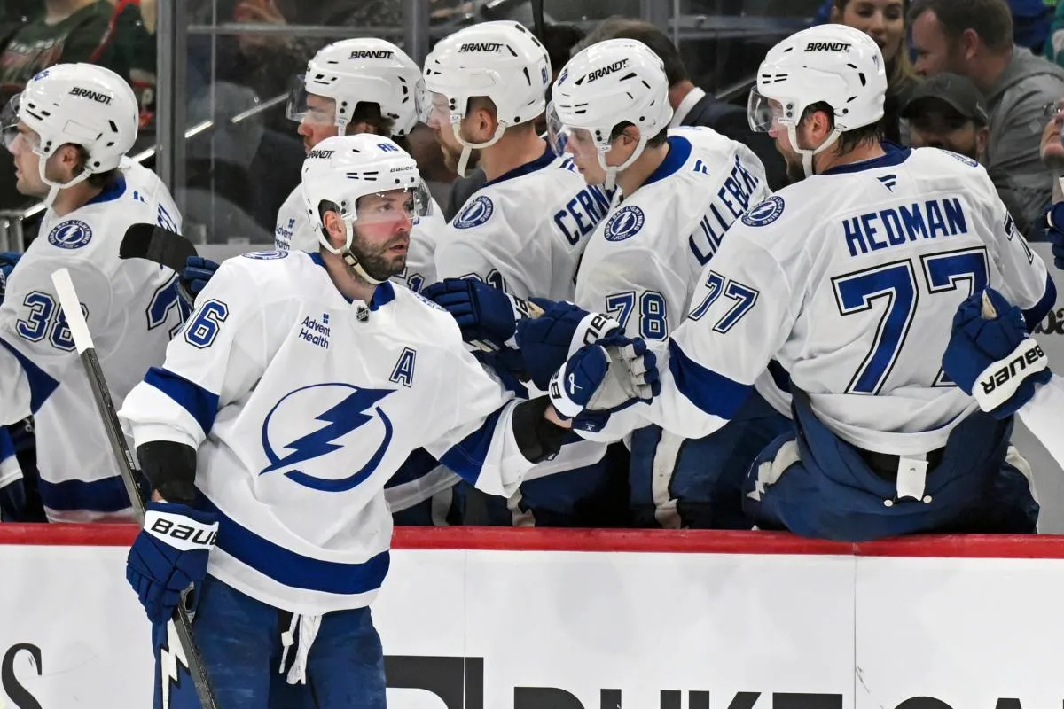 Tampa Bay Lightning forward Nikita Kucherov (86) celebrates a goal against the Minnesota Wild during the second period at Grand Casino Arena.