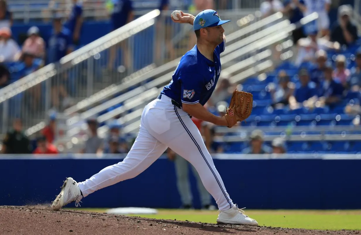 Toronto Blue Jays pitcher Mason Fluharty (68) throws a pitch during the fifth inning against Team Canada at TD Ballpark.