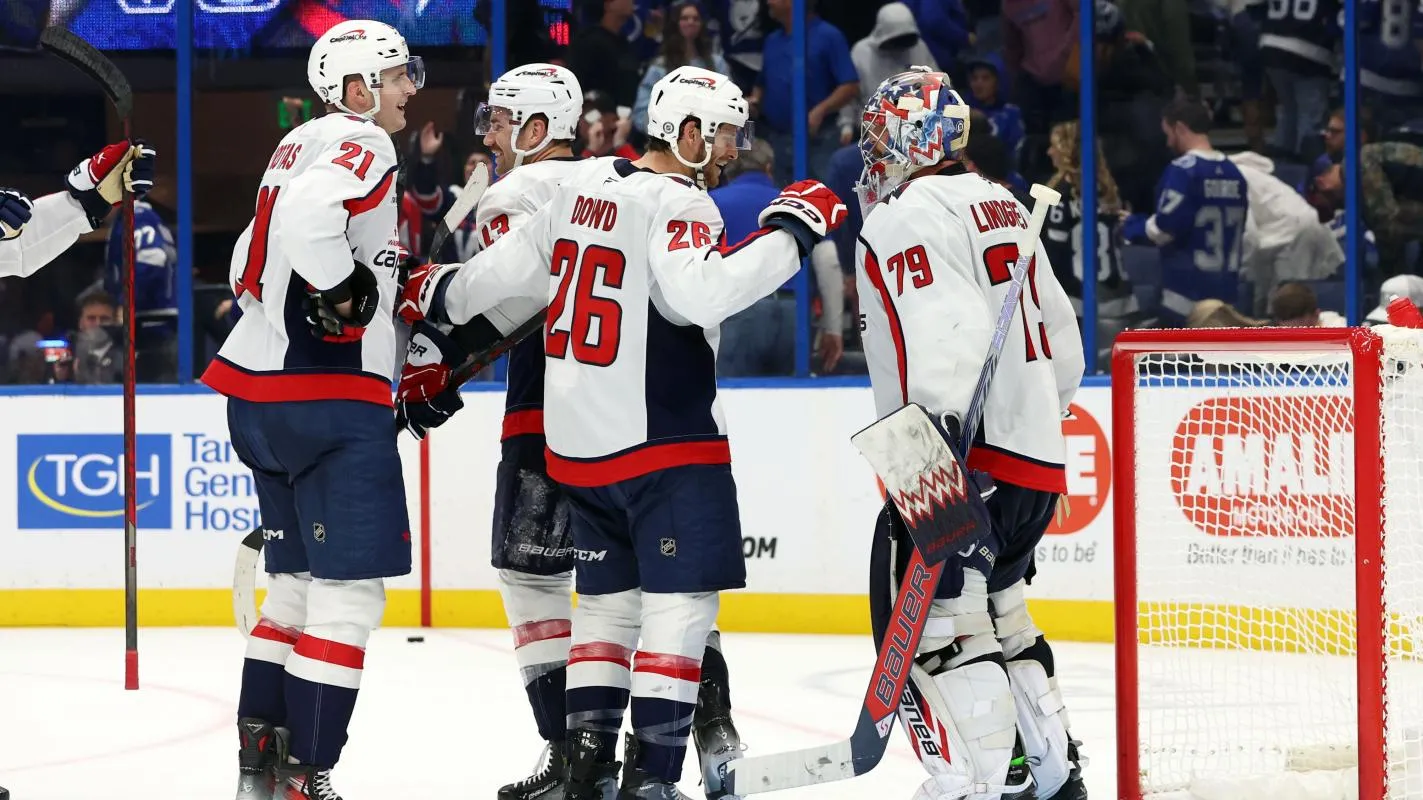 Washington Capitals goaltender Charlie Lindgren (79), center Nic Dowd (26), right wing Tom Wilson (43) and center Aliaksei Protas (21) celebrate after they beat the Tampa Bay Lightning at Amalie Arena.