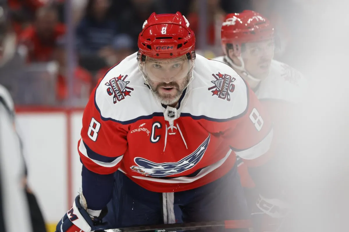 Washington Capitals left wing Alex Ovechkin (8) looks on during a face-off in the first period against the Colorado Avalanche at Capital One Arena